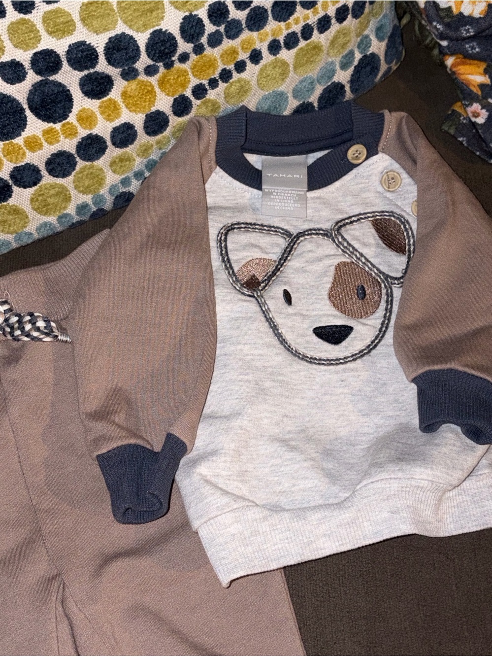Tahari Taupe & Heather Gray Puppy Sweatshirt with Navy Trim
